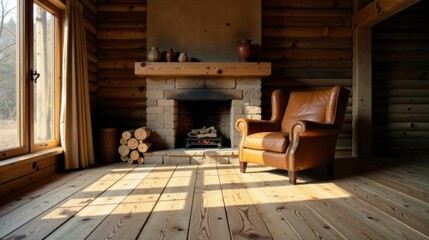 Fototapeta premium Rustic Cabin Interior with Leather Armchair by Fireplace and Sunlight Streaming Through Window