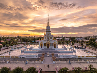 Beautiful sunset over Wat Saensuk Suthi Wararam in Chon Buri, Thailand, showcasing its stunning architecture and serene atmosphere