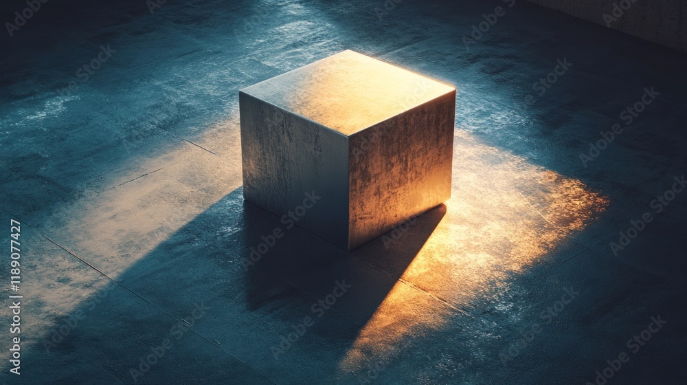 Poster illuminated cube on a dark concrete floor a study in light and shadow