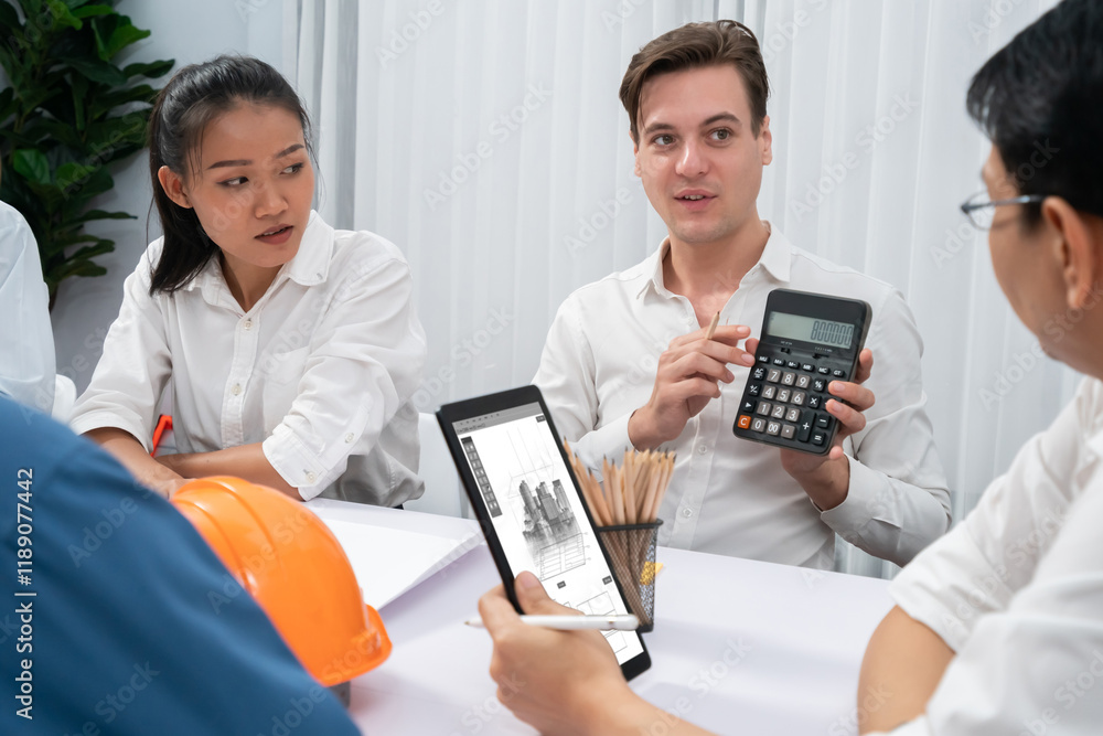 Poster Diverse group of civil engineer and client working together on architectural project, building blueprint and calculate risk reduction for construction project at meeting table. Prudent