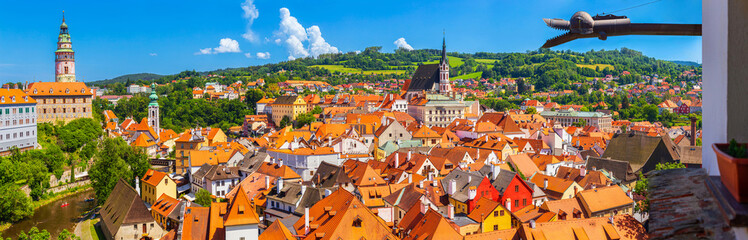 Obraz premium Summer cityscape, panorama, banner - top view of the Old Town of Cesky Krumlov, Czech Republic