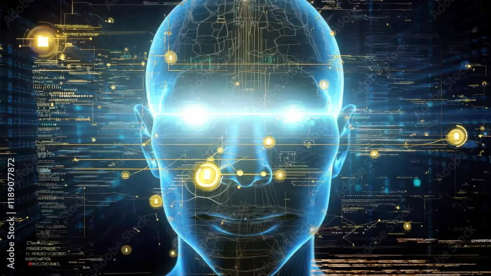 Poster transparent android head with visible circuits, front view headshot, artifitial intellligence concep