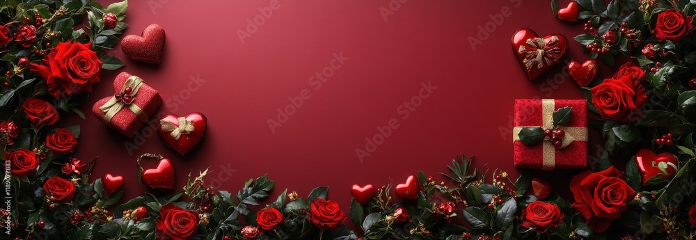 Poster red background with a cluster of roses and a heart symbol in the center of the image valentine day