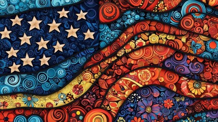 Colorful abstract representation of the American flag with swirls and stars. celebration of African American history concept