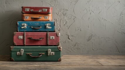 Vintage leather suitcases, stacked luggage, retro travel, weathered wall background, muted colors, nostalgic mood, old-fashioned, textured surfaces, minimal composition, still life photography, rustic