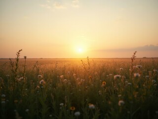 Obraz premium A serene sunrise over a misty meadow filled with wildflowers, creating a peaceful and picturesque landscape.