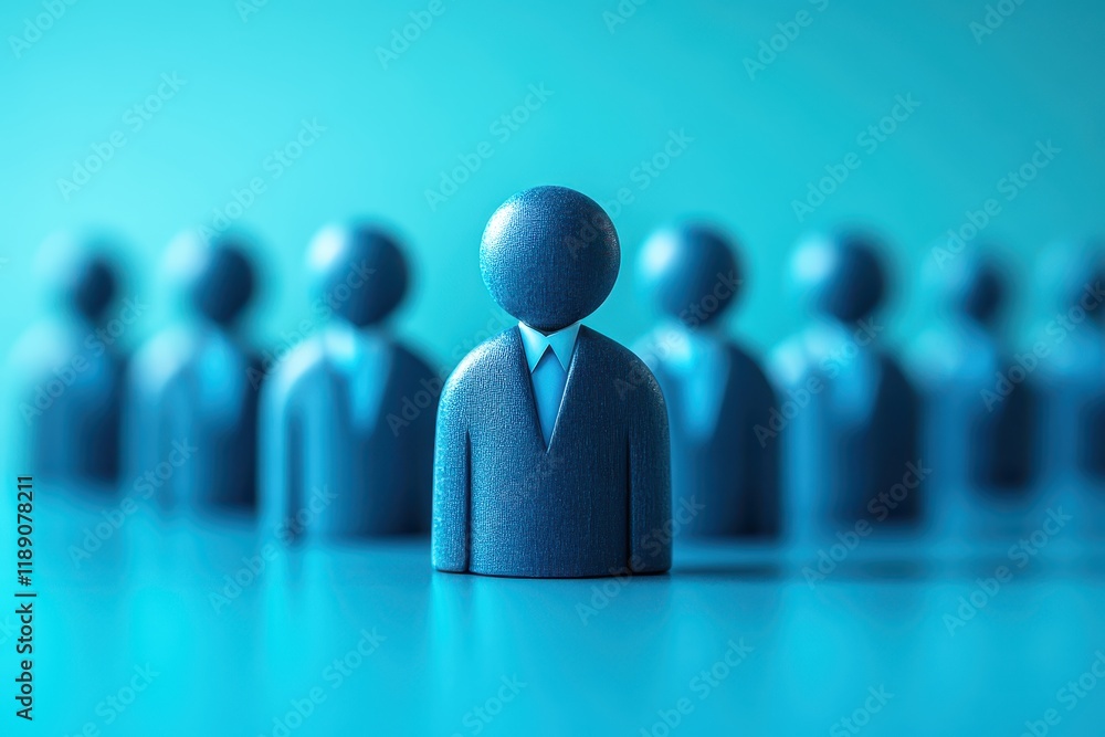 Poster blue figurines representing leadership and team dynamics in a modern business environment with a sof