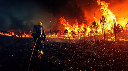Obraz premium Climate change impacts include floods droughts and the need for adaptation. Brave Firefighter Battling Intense Wildfire Flames at Dusk