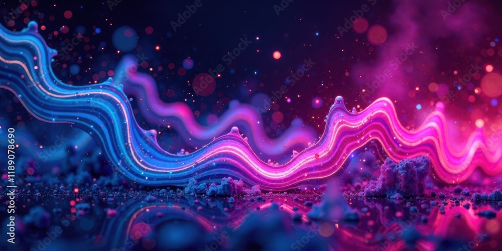 Poster abstract glowing waves across a dark surface with pink and blue hues and sparkling particles