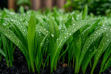 Obraz premium Dewdrops on Green Grass Blades Photo
