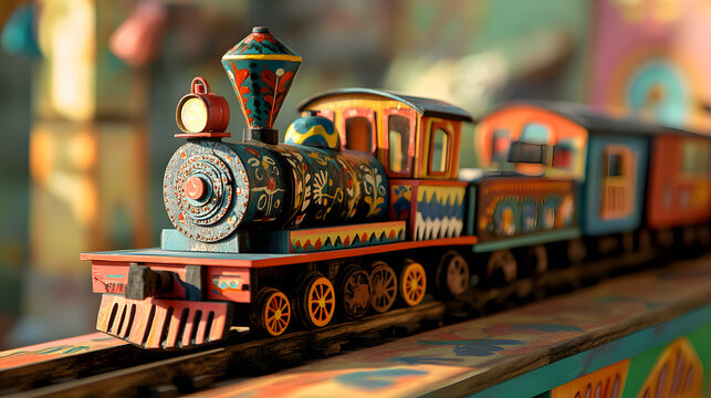 A Joyful Hand-Painted Wooden Toy Train with Cheerful Colors and Whimsical Designs, Evoking a Sense of Nostalgia and Creativity