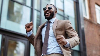 Happy joy confident business man dance in classical suit celebrating walk near office building center background. Enthusiastic corporate motivation. Excitement positivity. Businessman triumph success.