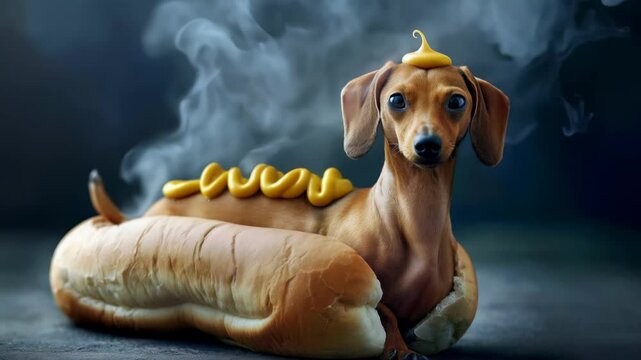 Dachshund topped with mustard in a bun, humorous metaphor of hot dog against dark background