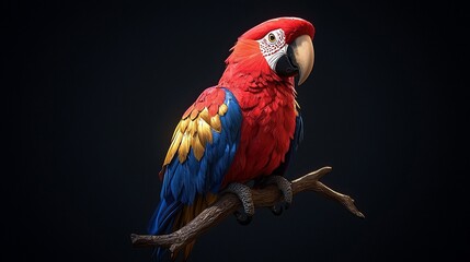 Obraz premium Scarlet macaw perched on a branch against a dark background.