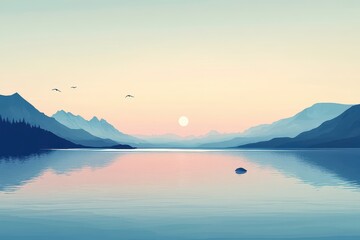 Fototapeta premium Serene Sunset Over Calm Mountain Lake Birds Fly