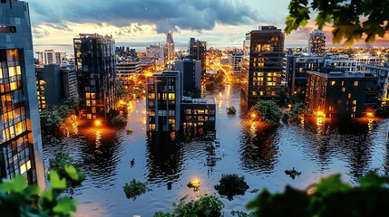 Fototapeta premium Climate change impacts include floods droughts and the need for adaptation. Urban Landscape After Flooding at Twilight with City Lights
