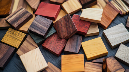 A tight shot of assorted wooden pieces in various colors atop a blackwood table, with ample room for text inscription. Blazewood. Illustration