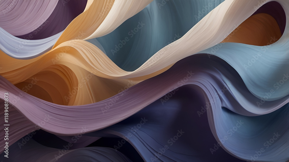 Poster abstract image with flowing curves and vibrant colors resembling fabric in dynamic motion. art proje