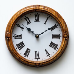 Classic wall clock with Roman numerals on a white background.