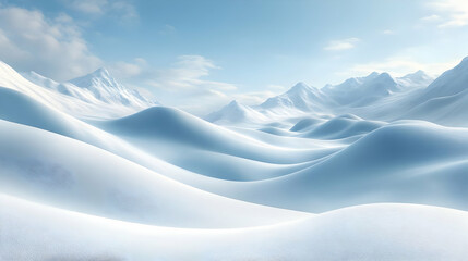 Serene Winter Landscape: Snow Covered Mountains and Rolling Hills Under a Clear Blue Sky