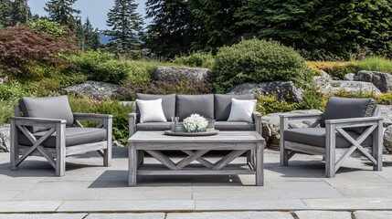 Gray Wooden Outdoor Patio Furniture Set with Cushions