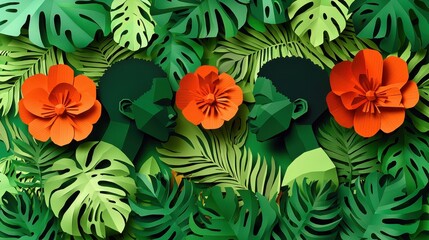 Naklejka premium Vibrant tropical scene with silhouettes and colorful flowers amidst lush greenery. celebration of African American history concept