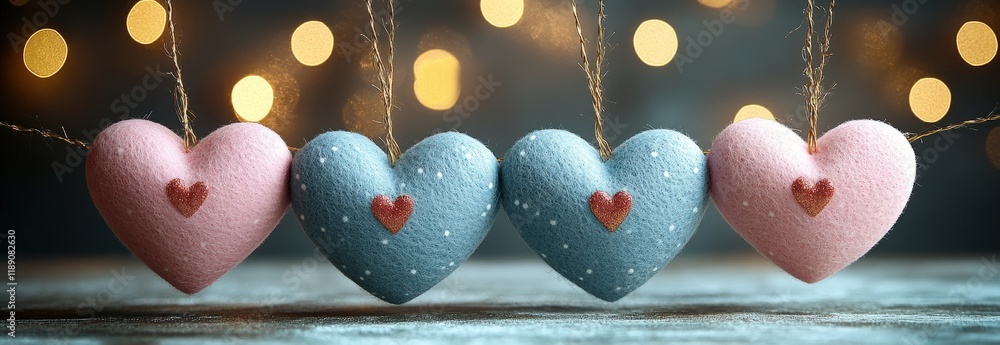 Poster three decorative hearts hanging from strings with soft glowing lights in the background valentine da
