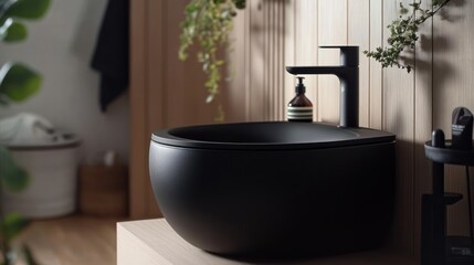 Modern black vessel sink in minimalist bathroom with wooden accents and plants.