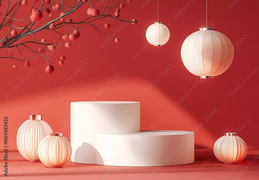 Poster 3d podium background vector with lanterns and chinese new year elements for product presentation pla