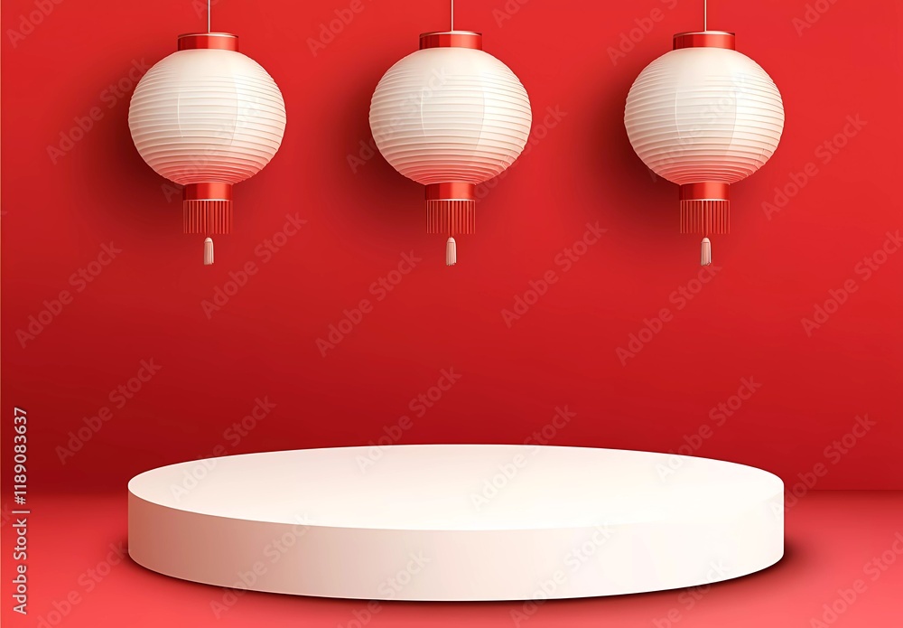 Poster 3d podium background vector with lanterns and chinese new year elements for product presentation pla
