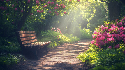 Obraz premium A beautiful park bench surrounded by lush greenery and blooming flowers, with the sun's rays filtering through the trees, creating an enchanting atmosphere.