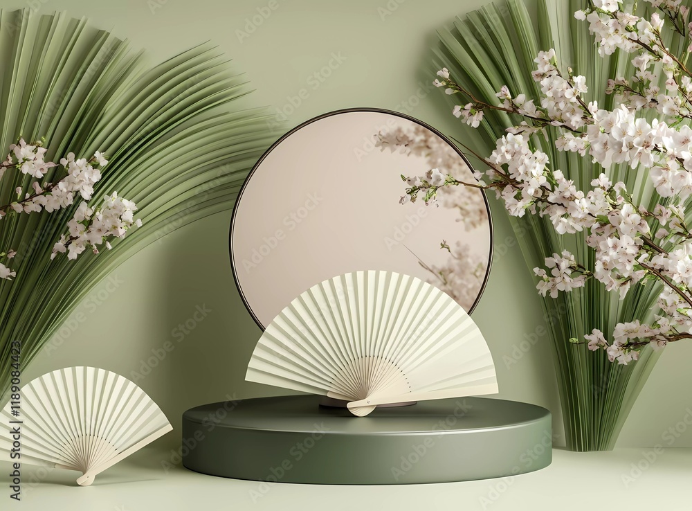 Poster 3d rendering of a green podium with asian elements, a round mirror, and folding fans on a pastel bac