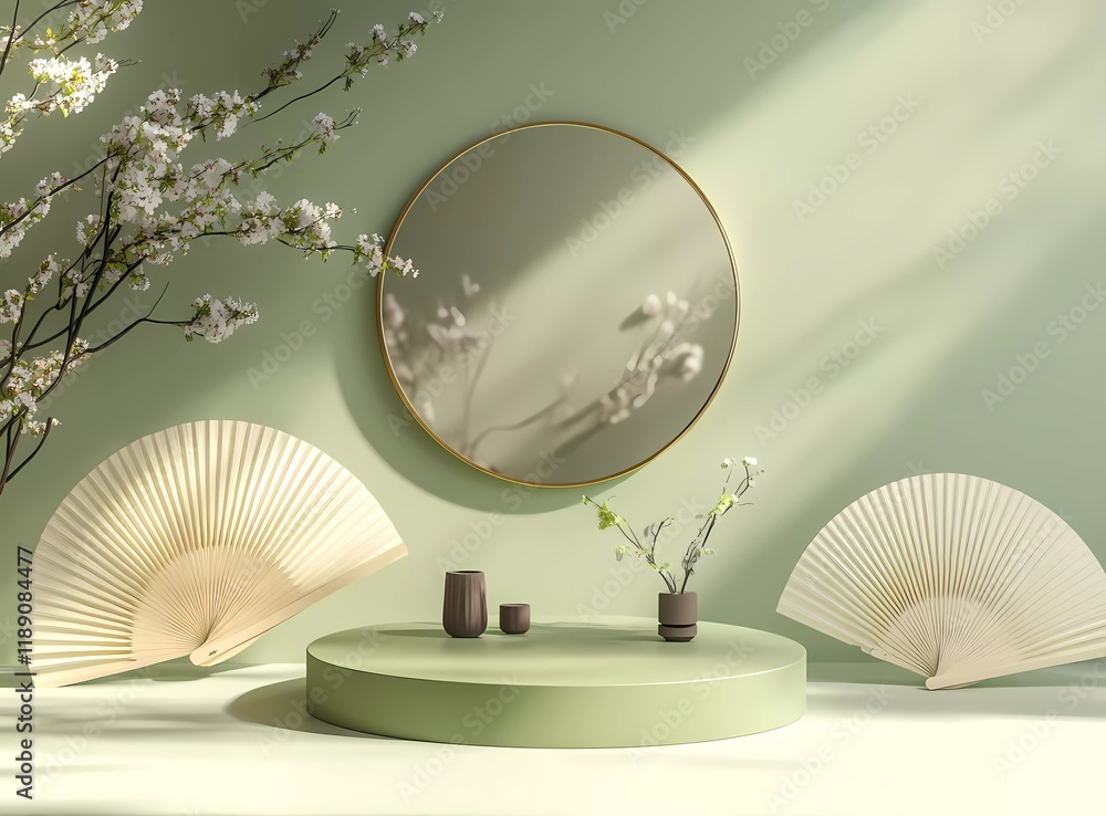 Aufkleber 3d rendering of a green podium with asian elements, a round mirror, and folding fans on a pastel bac