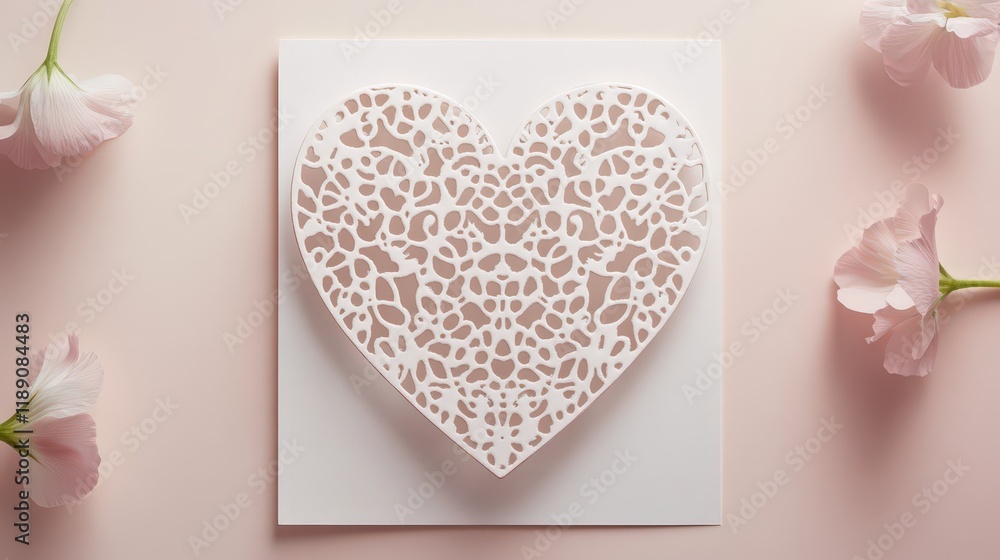 Poster delicate valentines day card with intricate cut-out heart patterns, featuring a soft blush backgroun