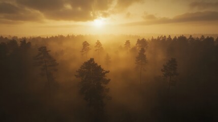 Fototapeta premium Misty forest sunrise, aerial view of golden sunlight through fog covering tall pine trees.