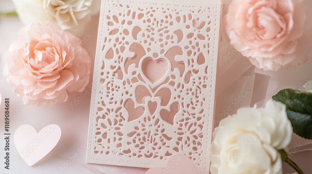 Poster delicate valentines day card with intricate cut-out heart patterns, featuring a soft blush backgroun