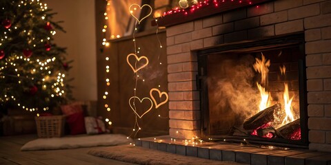 Obraz premium Cozy fireplace adorned with glowing heart bokeh lights, golden sparkles, and romantic ambiance for Valentine's Day