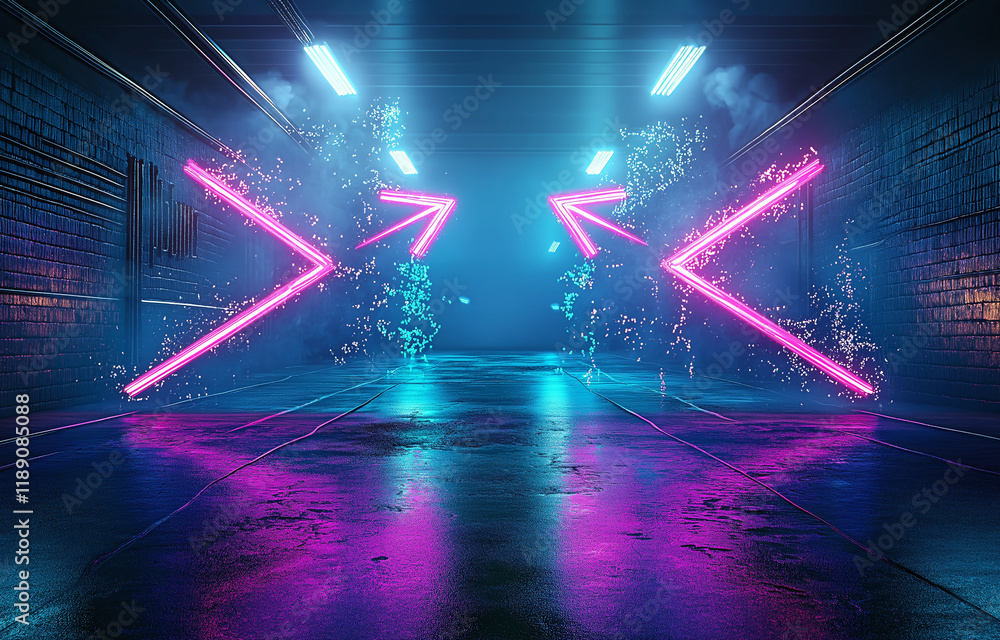 Poster abstract background with neon blue and pink arrows on dark gradient - modern vector design for techn