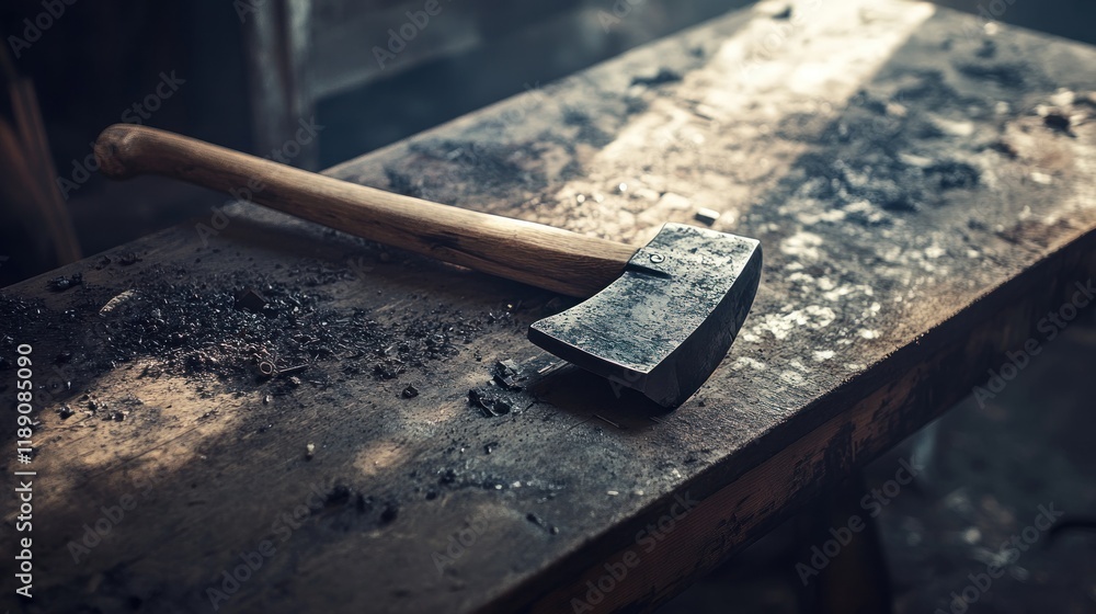 Aufkleber rusty axe on a dirty workbench in a workshop.