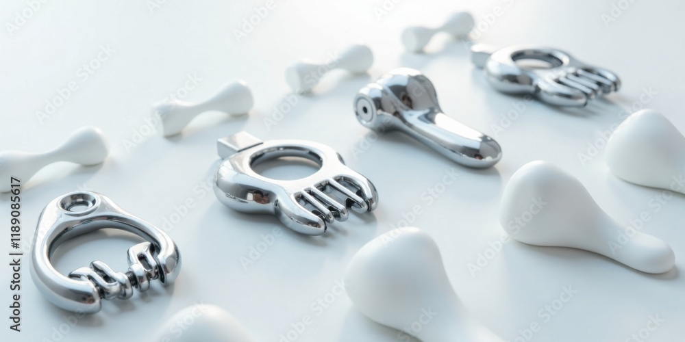 Aufkleber Sleek chrome hand tools and smooth white ergonomic forms arranged on a pristine surface