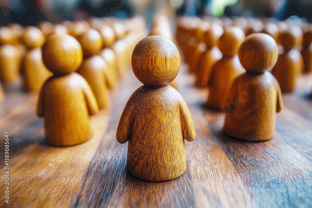 Poster wooden figures standing in formation on a tabletop with a vivid bokeh background representing commun