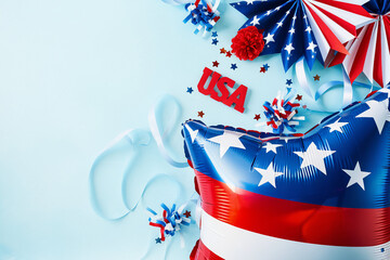 Obraz premium Patriotic American decorations, red white and blue, star-spangled banner, party streamers, confetti, festive celebration, Fourth of July, Independence Day, close-up photography, vibrant colors, high c