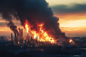 Massive industrial fire with thick black smoke and flames engulfing a refinery at sunset, highlighting environmental disaster 