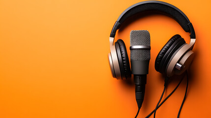 A podcasting concept showcasing headphones and a microphone viewed from above on an orange background.