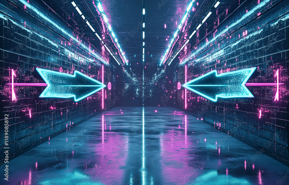 Poster abstract background with neon blue and pink arrows on dark gradient - modern vector design for techn
