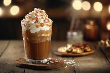 Creamy caramel latte topped with whipped cream and sugar sprinkles in a glass, placed on a wooden surface 