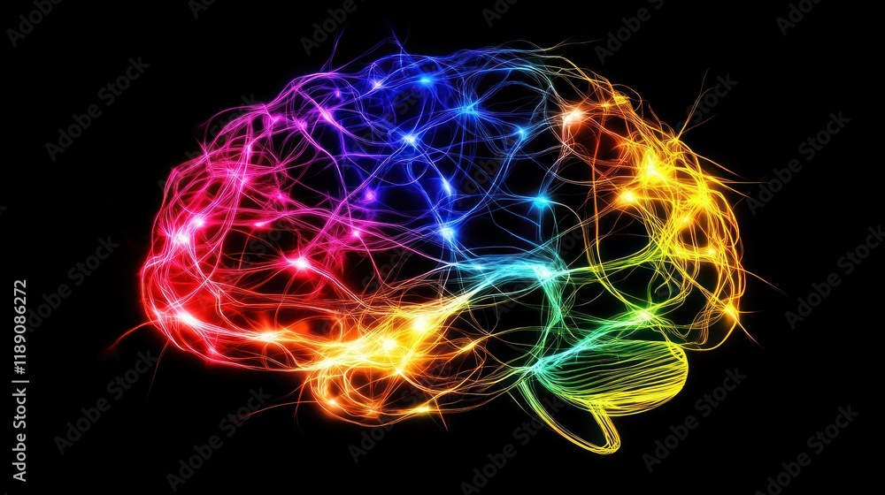 Poster abstract colorful brain with glowing neural pathways.