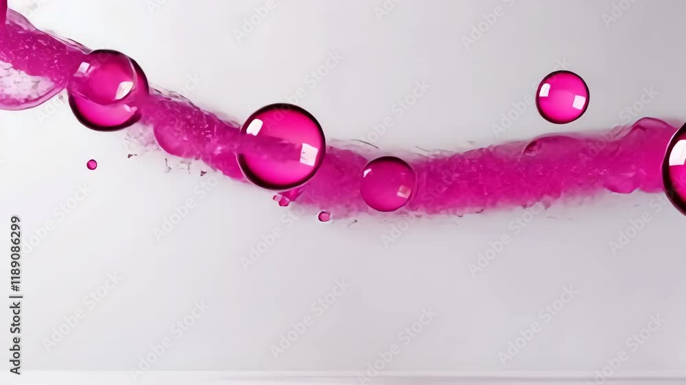 Poster vibrant pink liquid with bubbles and glossy spheres in motion against white background creating dyna