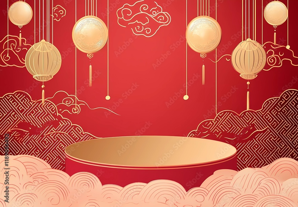 Poster abstract red background with golden line art and round podium for product display presentation. vect