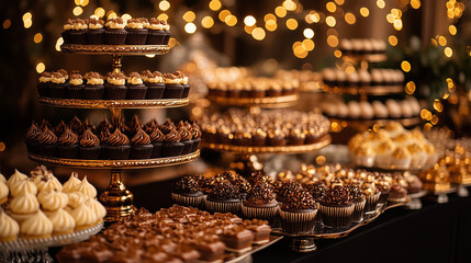 A black and gold wedding candy bar with an array of chocolates, cupcakes, and mini cakes on display under the glow of fairy lights at night. Commercial photograph, soft lighting, light background.
